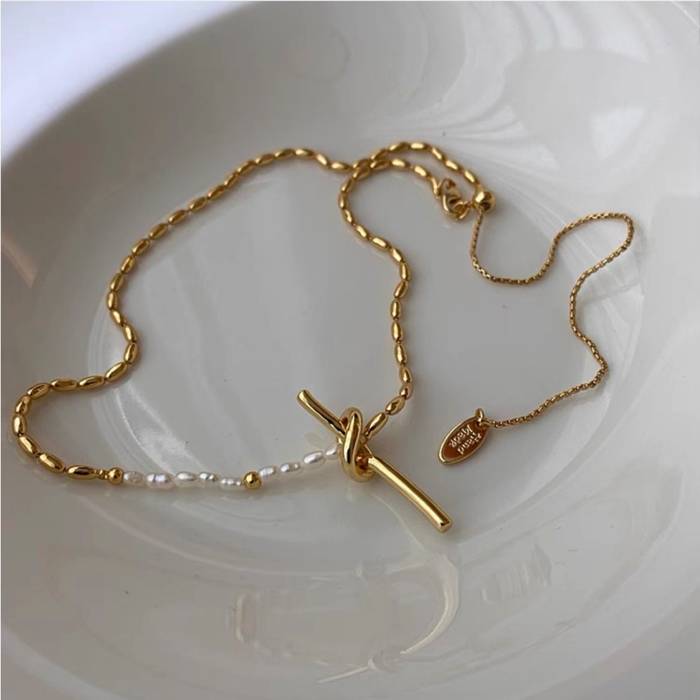 Gold Pearl Knots Chain Necklace, 18k Gold and 925 Sterling Silver - Picture 7 of 9